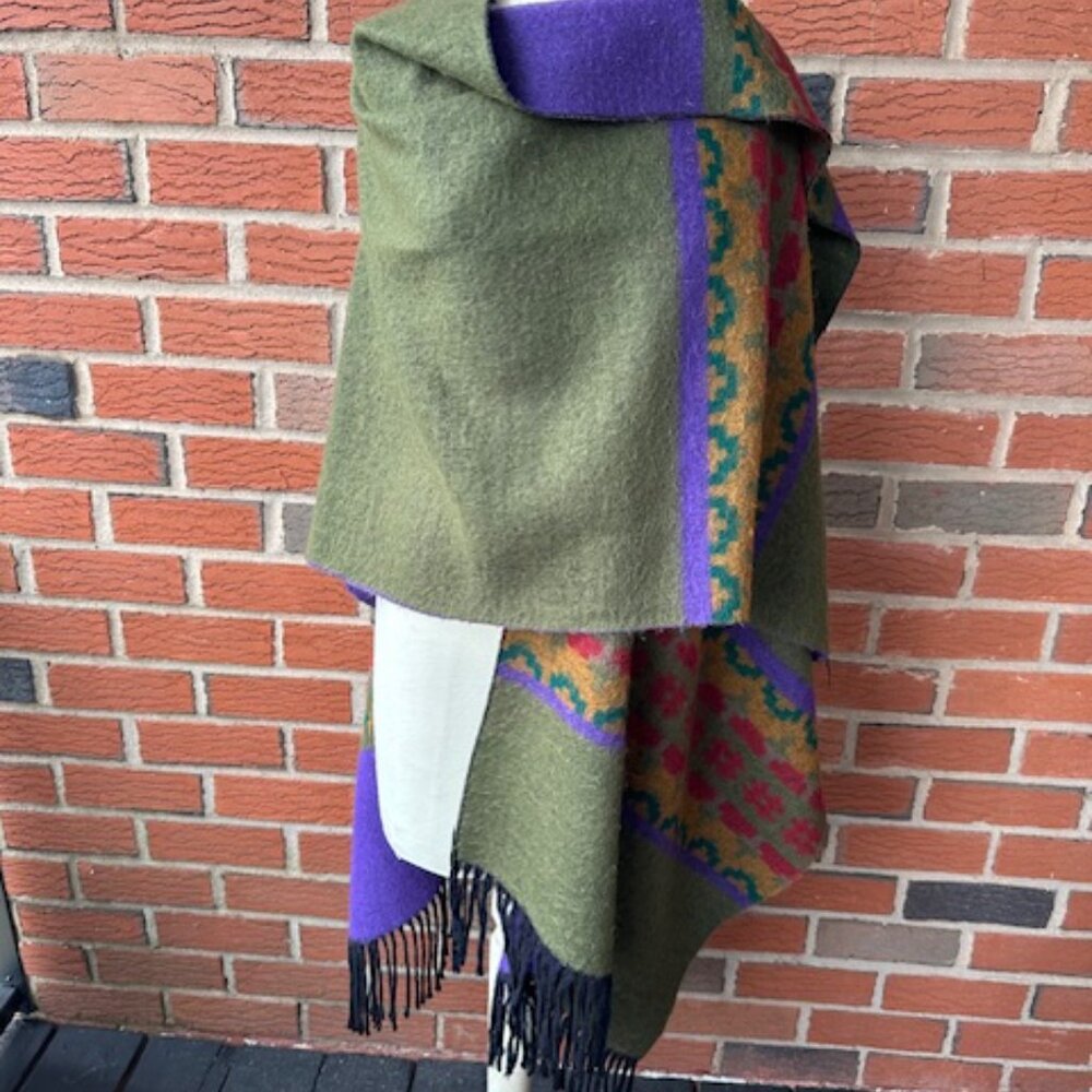 Reversible Purple to Olive Fleece Fringed Poncho, Serape, Shawl - Southwest